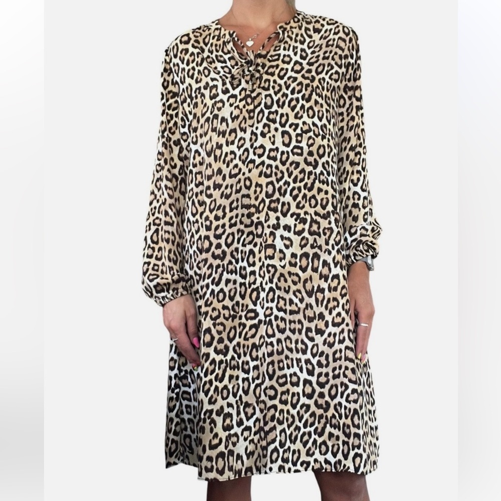 Chico’s Leopard Print Midi Dress Long Sleeve Shift Neutral Party Office 12